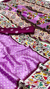 Purple Pink Bandhini Floral Ajrakh Gajji Silk Saree